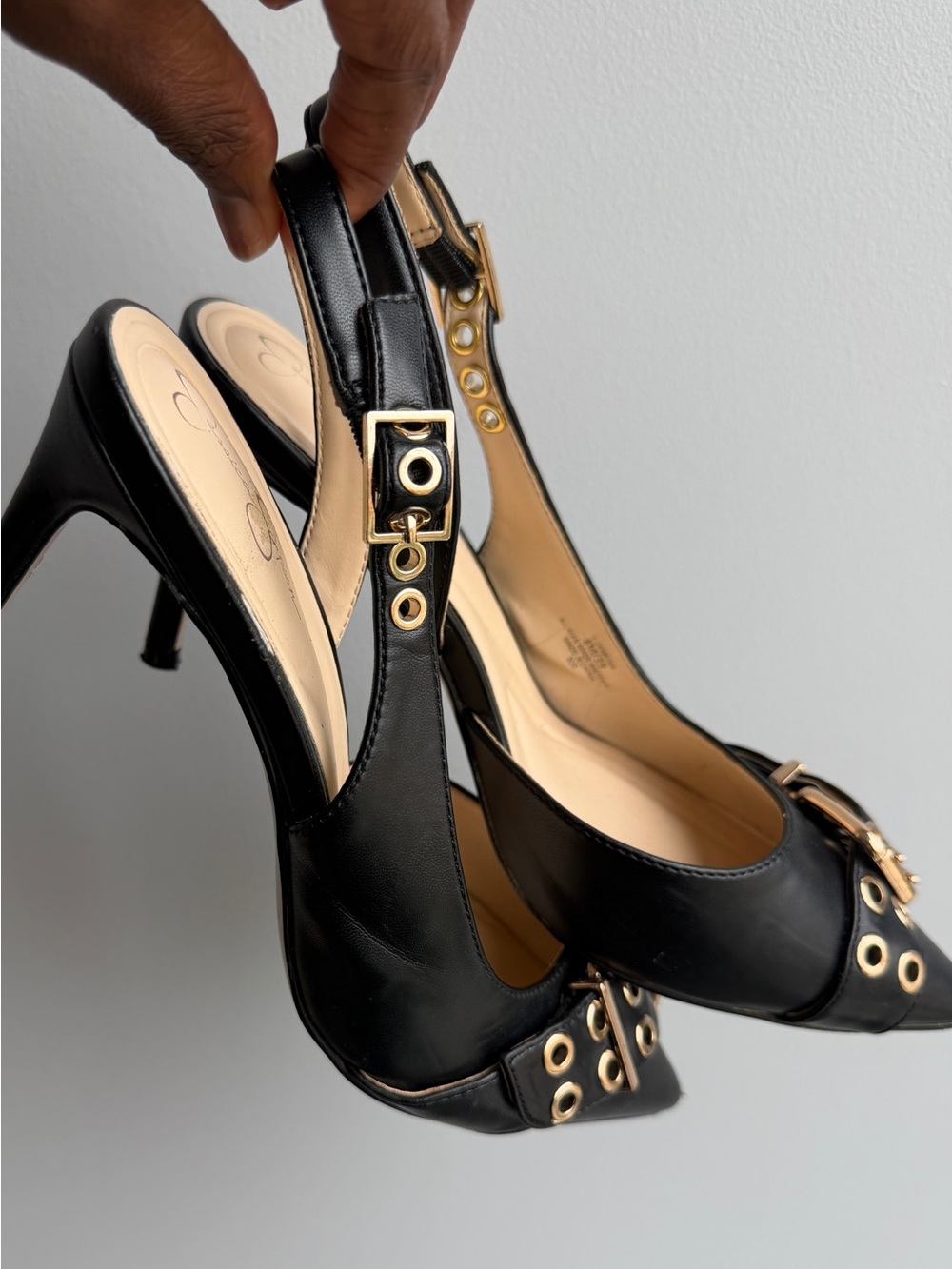 Jessica Simpson Women's Black Slingback Heels with Gold Eyelet Detail